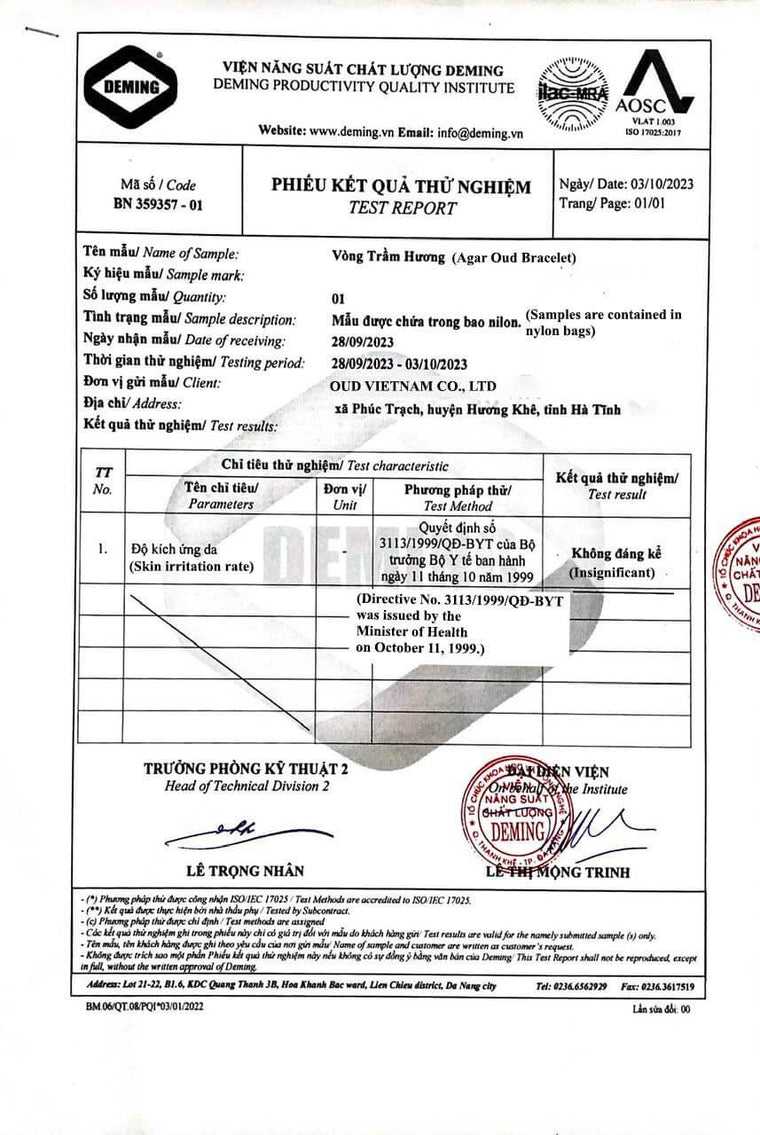 Announcement of Test Report of Oud Vietnam Agar Oud Bracelets